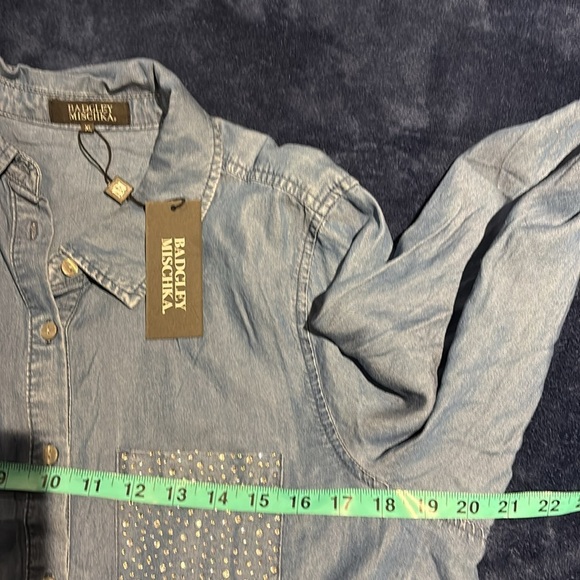 BADGLEY Mischka denim loose fit rhinestone pocket shirt Sz XL - Picture 8 of 11